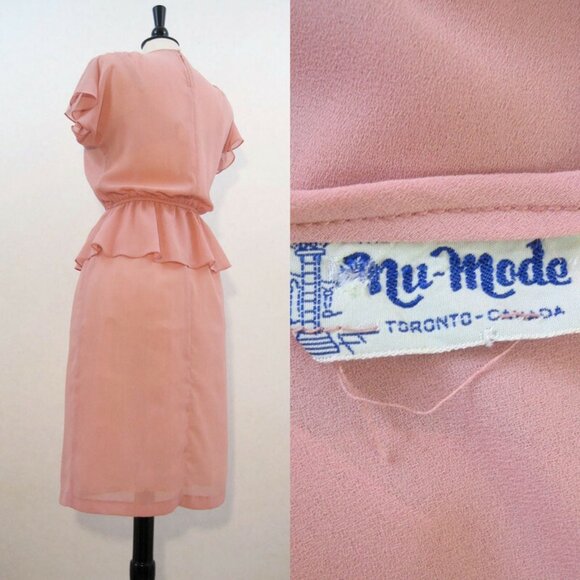 Vintage 80s Pink Peplum Dress Victorian Inspired Lace Crepe Nu-Mode - Picture 5 of 5